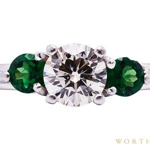 Custom 3-stone 1.02ct Diamond and 0.45cttw Green Garnet Ring